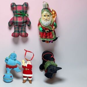 Ornament set 5 Christmas Tartan Plaid Bear Glass Santa Flocked Bear Scotty Small